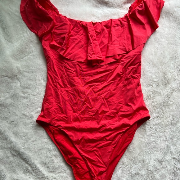 TRINA TURK Coral Off Shoulder Ruffle One Piece Swimsuit Suit size 12 NWOT - Picture 3 of 4